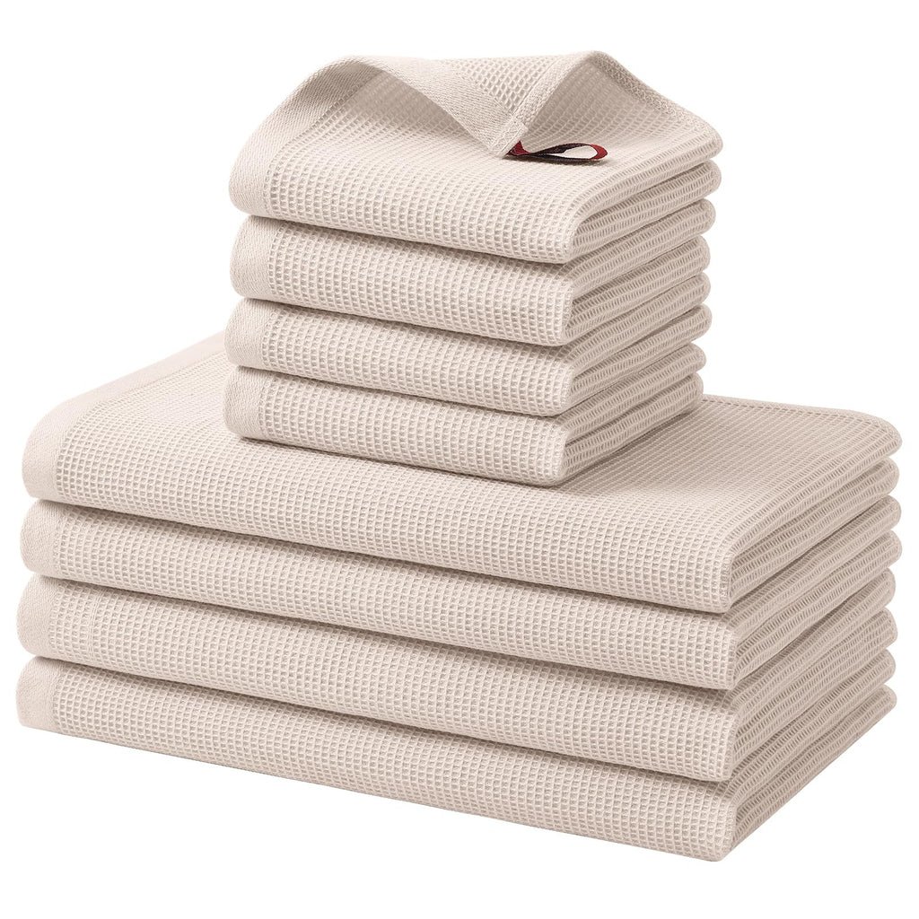 Homaxy 100% Cotton Kitchen Towels and Dishcloths Set - 8 Pack Waffle Weave Soft and Absorbent Dish Towels - 26 X 16 Inch and 12 X 12 Inch - Beige/Dark Grey/Brown/Light Grey