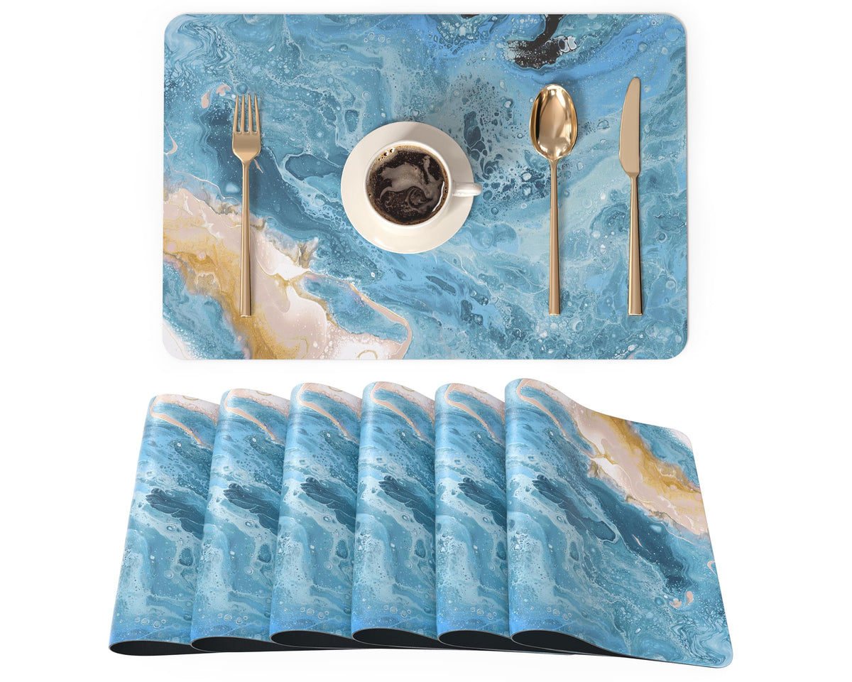 QIYI PU Leather Placemats Set of 6, 12"x18" Waterproof Table Mats, Dahlia