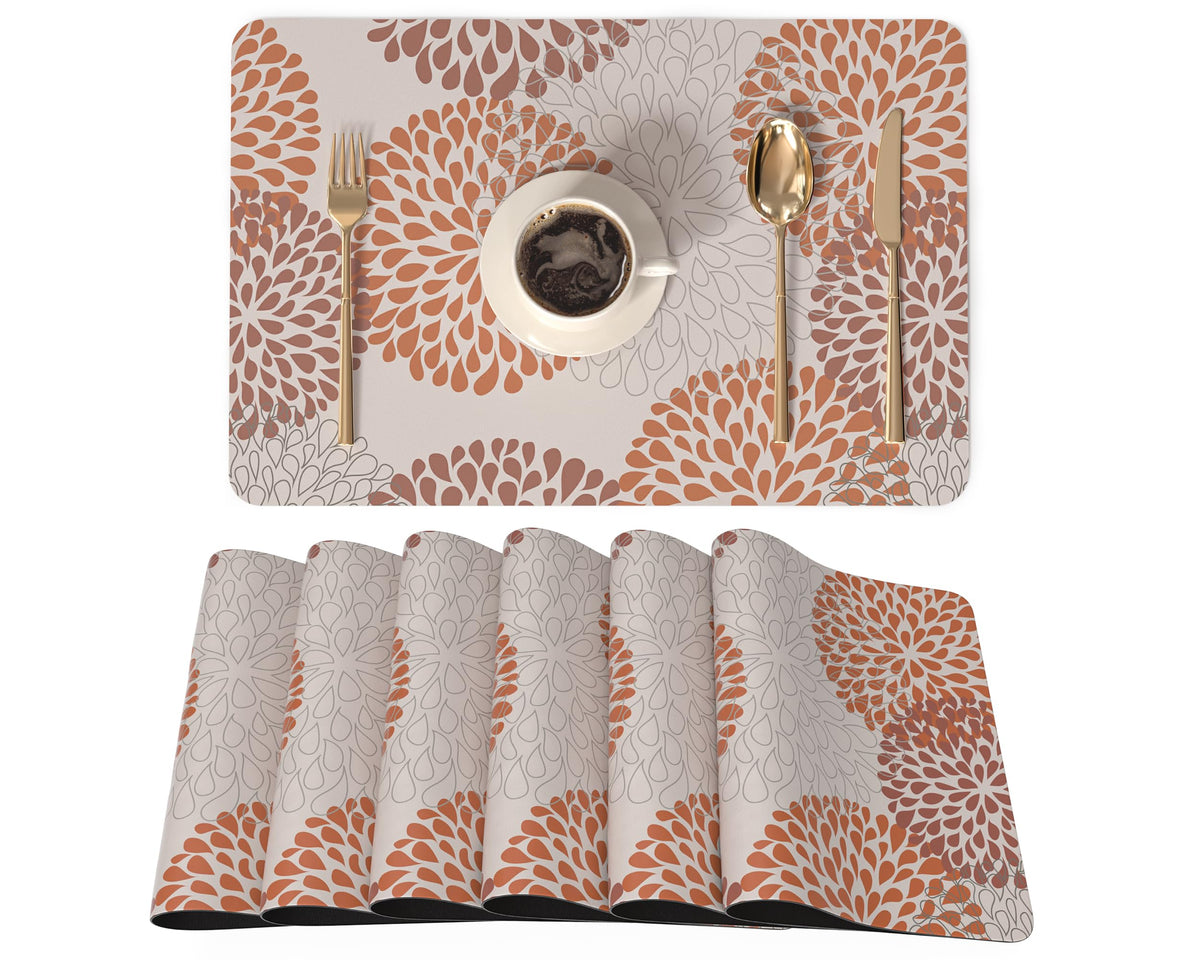 QIYI PU Leather Placemats Set of 6, 12"x18" Waterproof Table Mats, Dahlia