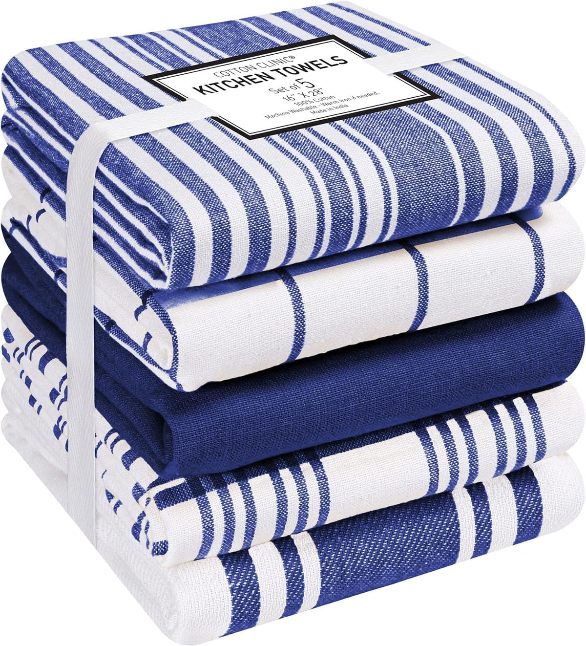 Cotton Clinic Assorted Kitchen Towels 5 Pack – Soft Absorbent Quick Drying Table & Kitchen Linen - Dish Towels, Dish Cloths, Tea Towels and Cleaning Towels with Hanging Loop – 16x28 / Grey White