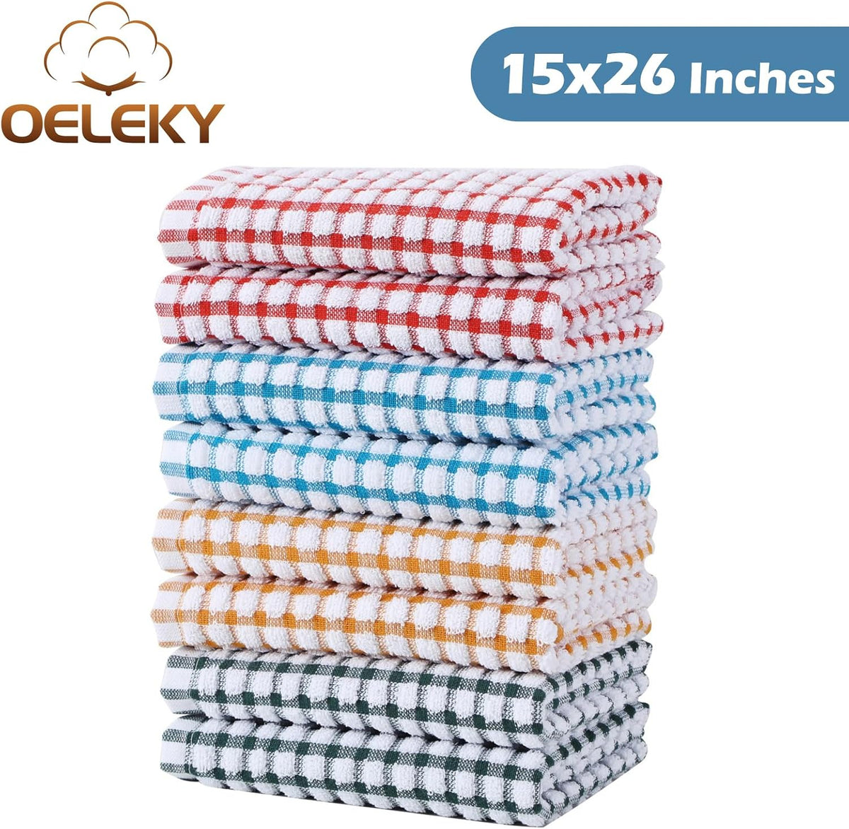 Oeleky Cotton Kitchen Towels 8 Pack, 15x26 Checkered Dish Towels