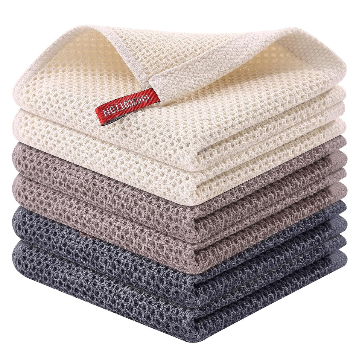 QUILTINA Dish Towels Set, 100% Cotton Waffle Weave Kitchen Towels 6 Pack, 17 x 25 Inches, Super Absorbent for Drying and Cleaning, Beige, Brown, Dark Grey