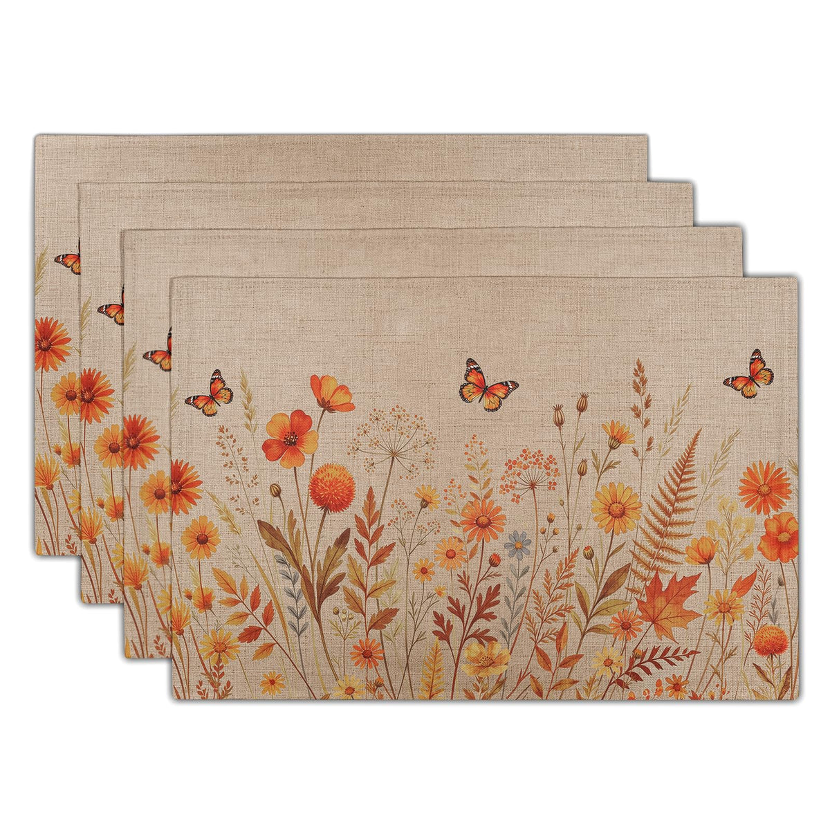 Giwawa Boho Ethnic Placemats Set of 4 Vintage Orange Brown Retro Flower Decorative Linen Table Place Mats 12"x18" Rustic Country Style Floral Place Mats Heat Resistance for Kitchen Dining Farmhouse