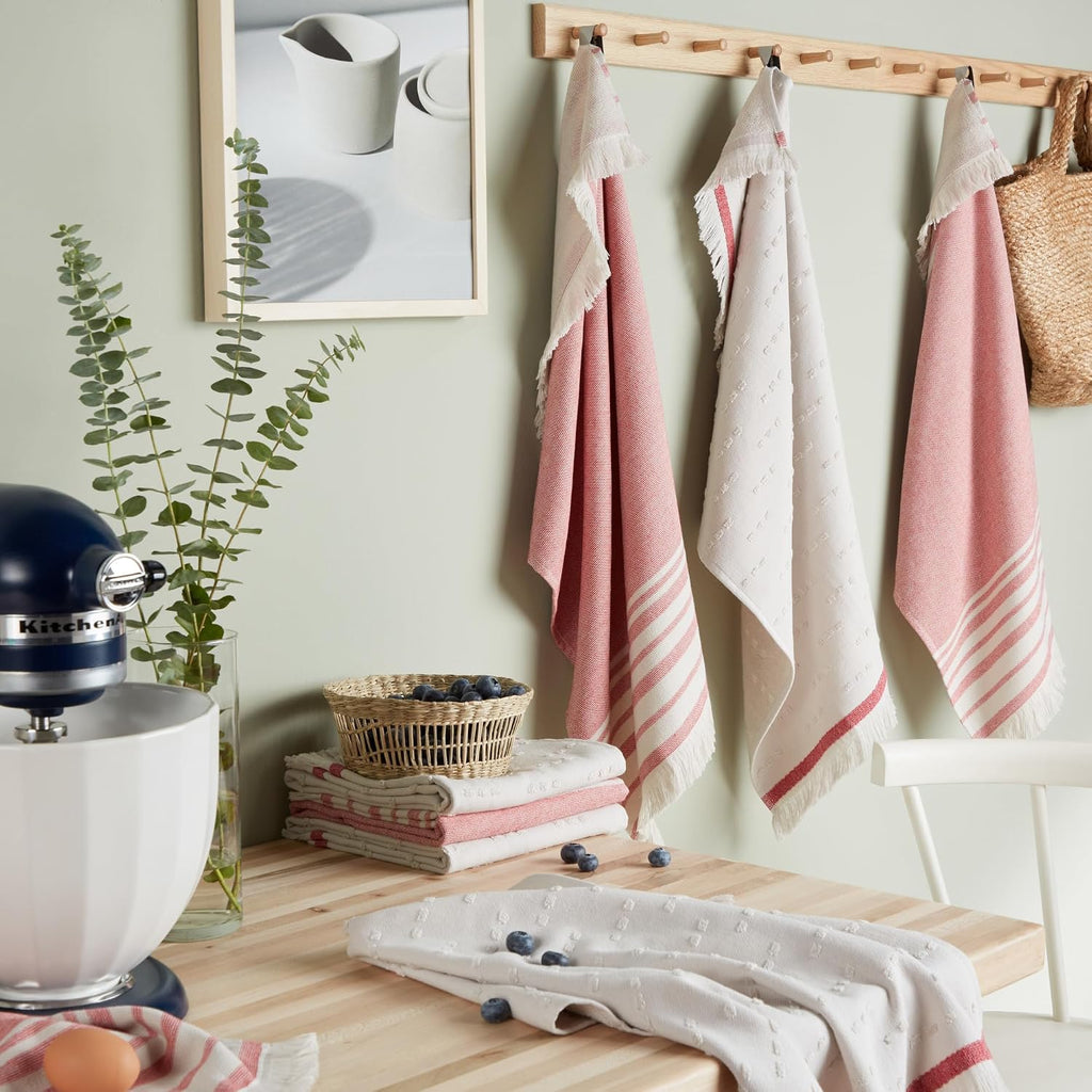 KitchenAid Vintage Stripe Kitchen Towels 8-Pack, Absorbent 100% Woven Cotton, Passion Red/Ivory, 17”x28”