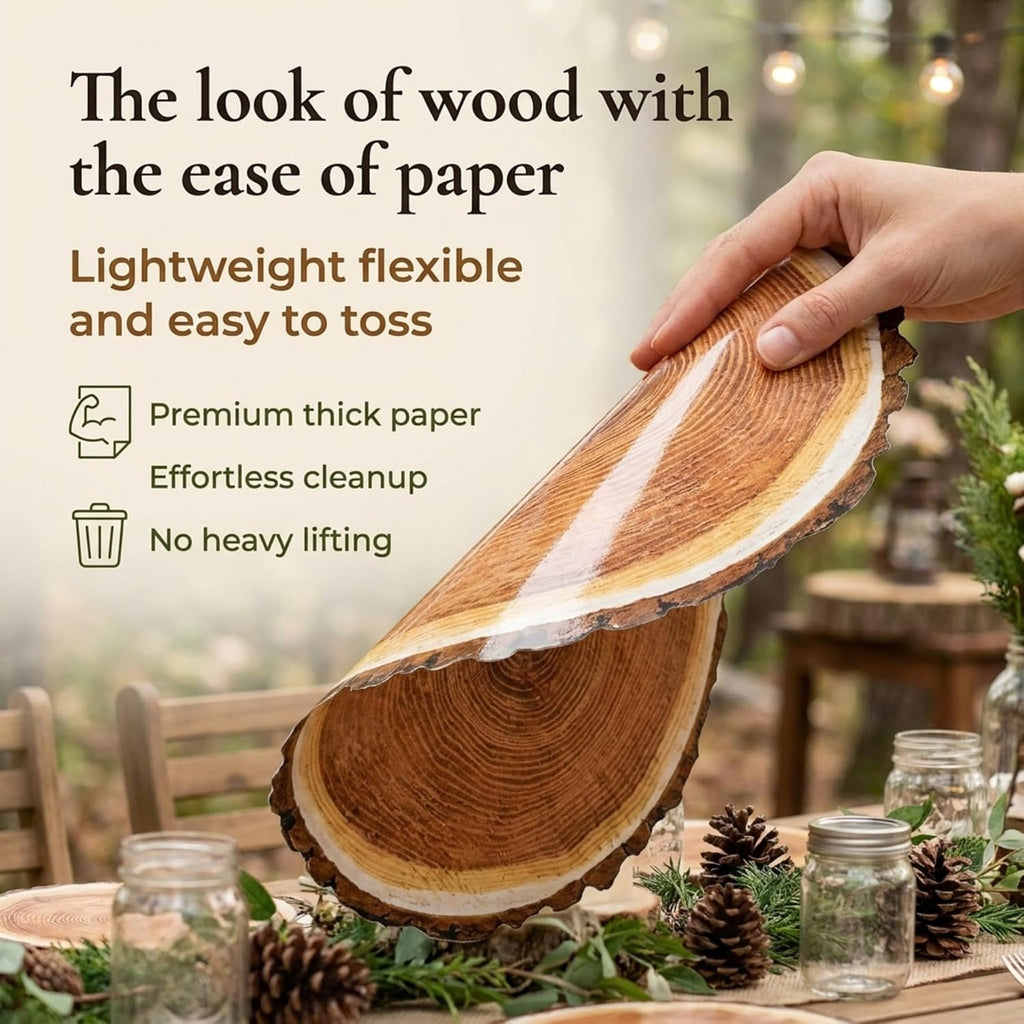 100 Rustic Wood Slice Paper Placemats 13.5 Inch Round Disposable Mats