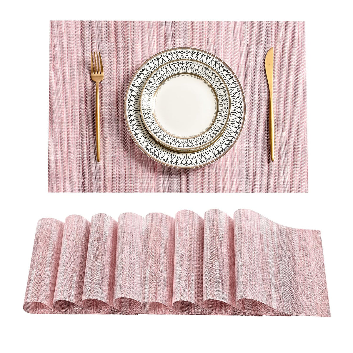 Beige Placemats Set of 6 - Heat-Resistant, Non-Slip Table Mats, Washable Woven Vinyl for Indoor & Outdoor Dining