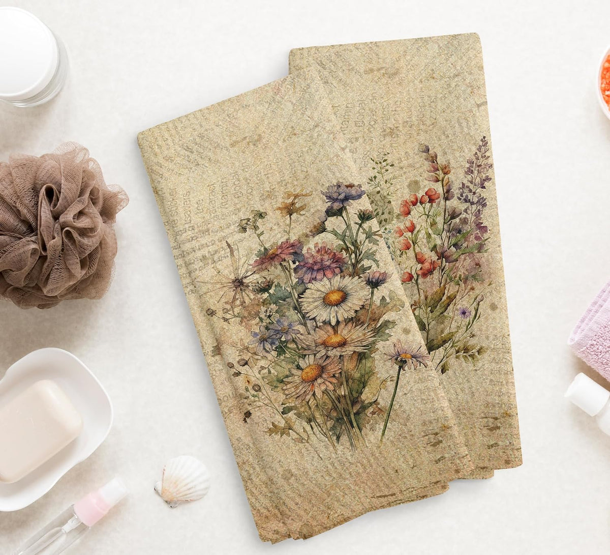Vintage Floral Kitchen Towels and Dishcloths Set of 2, Vintage Decorative Kitchen Towels, Bouquet Decorative Towels, Retro Wildflower Drying Cloth Hand Towels for Bathroom Kitchen, 16×24 Inches