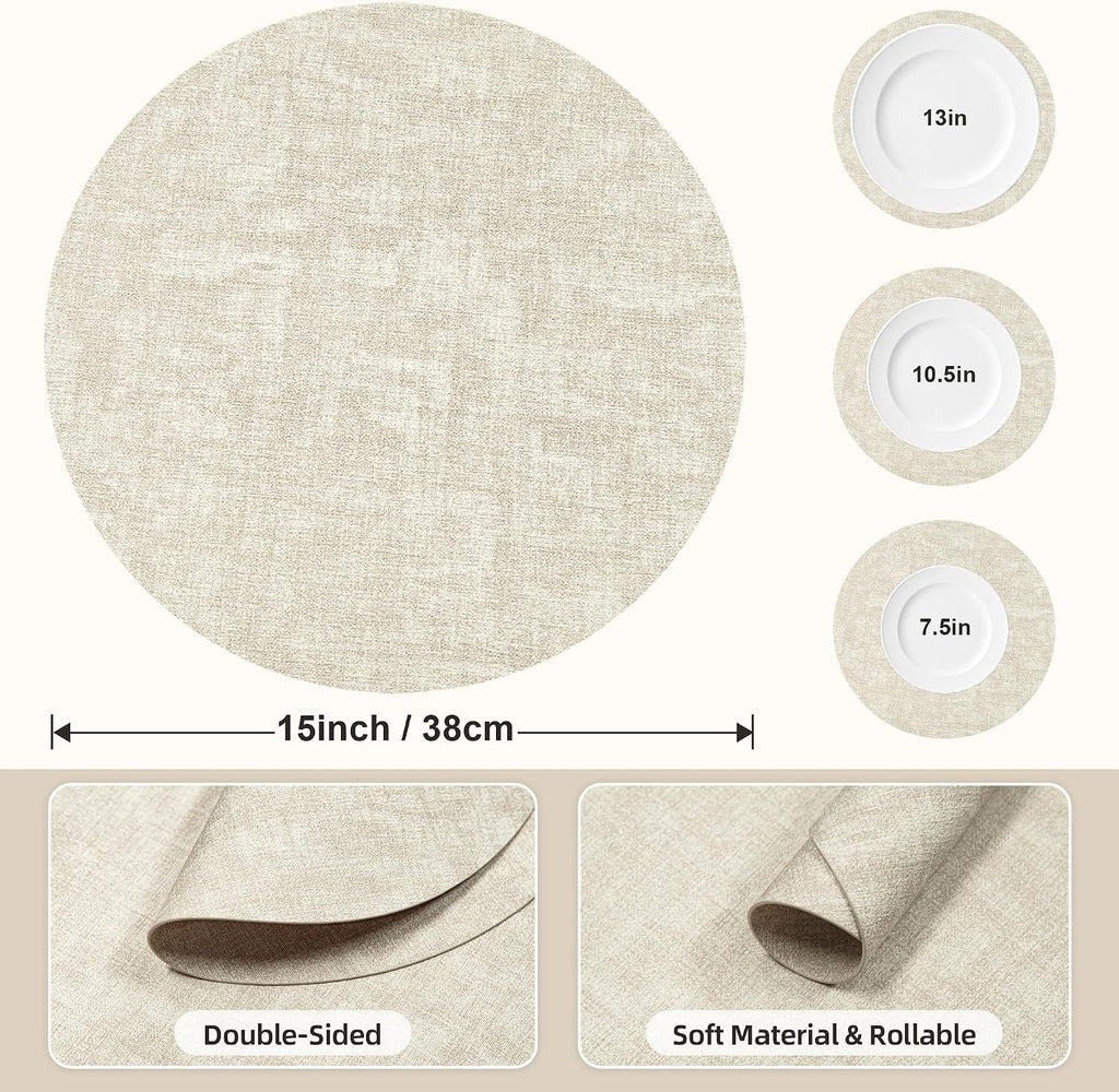 Placemats Set of 4, 15 Inch Round Faux Leather Place Mats