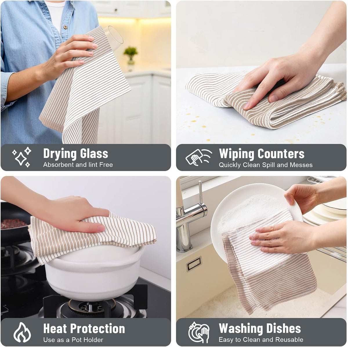 Homaxy Premium 100% Cotton Kitchen Towels 18"x28", 6 Pack, Khaki