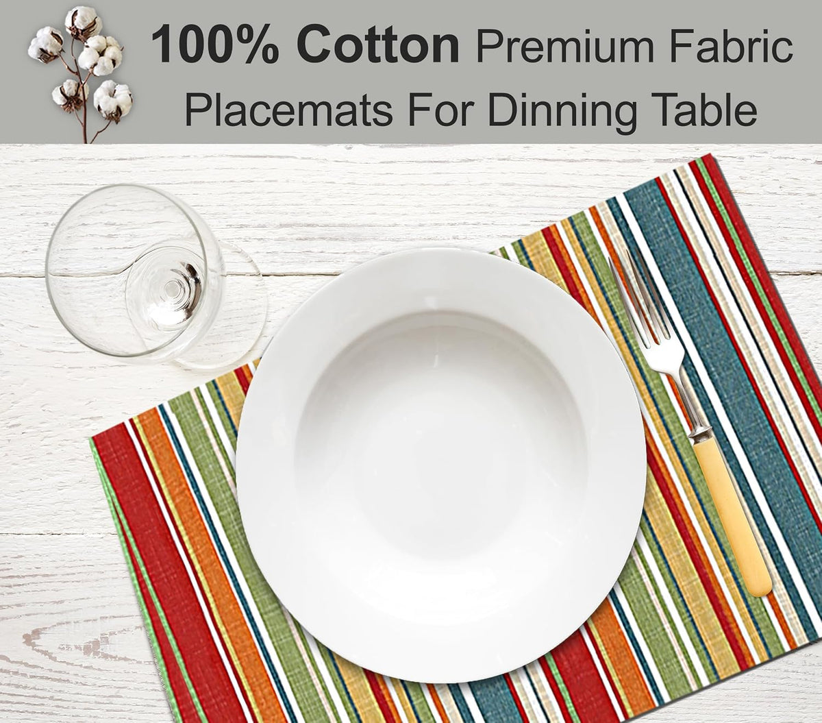 Ruvanti Placemats Set of 6, 100% Cotton Place Mats of 13"x19", Multi Stripe