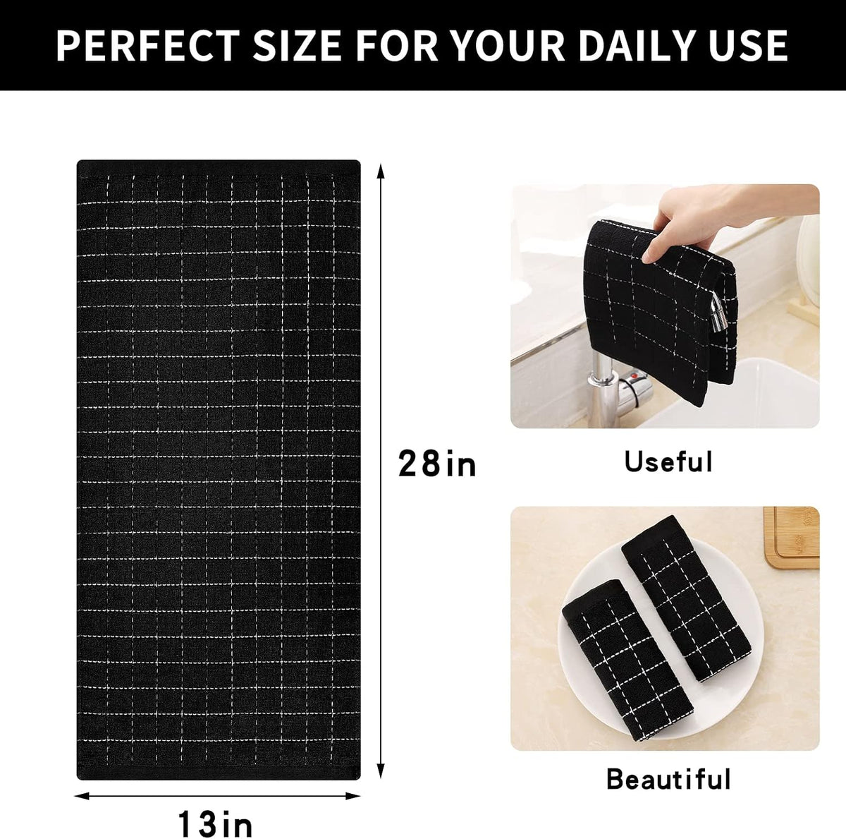 Homaxy 100% Cotton Terry Kitchen Towels, 4 Pack, Black
