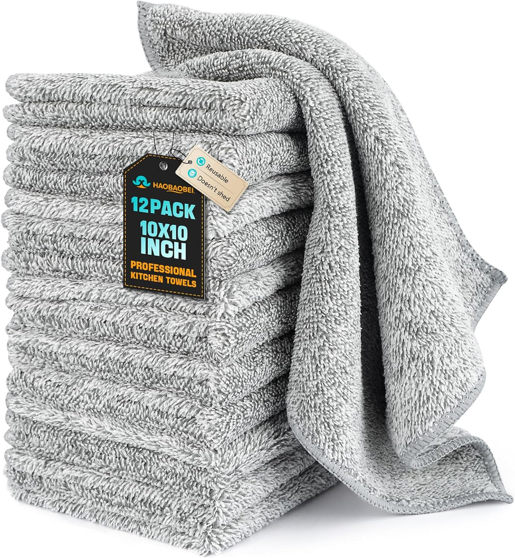 Kitchen Dish Cloths, 12 Pack, 10 x 10 Inches, Super Absorbent Microfiber Dish Towels, Soft Lint Free Reusable Dish Rags for Washing Dishes, Drying, Counters and Sink, Grey