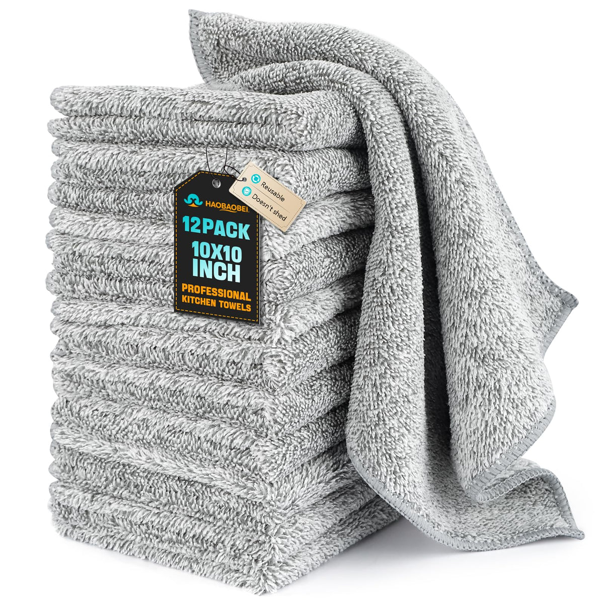 Kitchen Dish Cloths, 12 Pack, 10 x 10 Inches, Super Absorbent Microfiber Dish Towels, Soft Lint Free Reusable Dish Rags for Washing Dishes, Drying, Counters and Sink, Grey