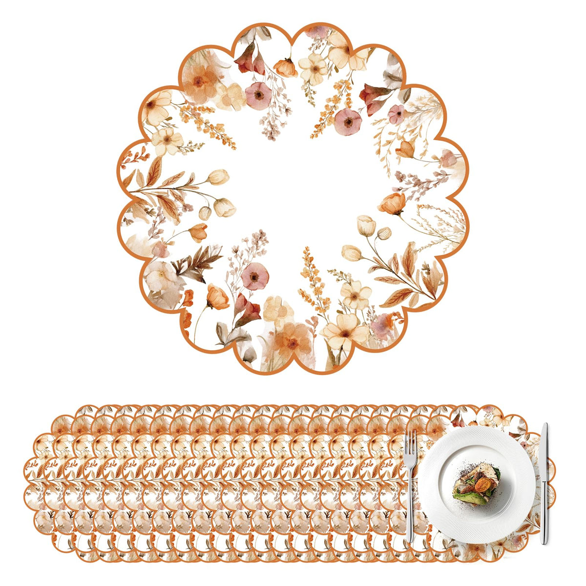 100 Pcs Fall Floral Paper Placemats 13.5 Inches Scalloped Brown Floral Paper Placemats Disposable Autumn Wildflower Place Mats for Wedding Bridal Baby Shower Thanksgiving Harvest Party Supplies