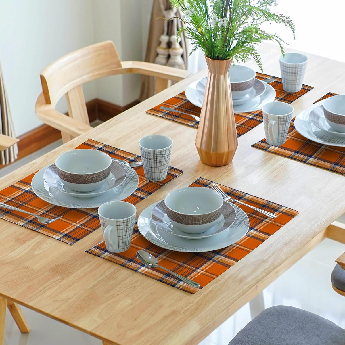 Fall Plaid Placemats Set of 4 Orange Navy Blue Buffalo Plaid Thanksgiving Themed Table Mats Farmhouse Place Mats Washable Linen Placemat for Party Kitchen Dining Decor 12x18 Inch