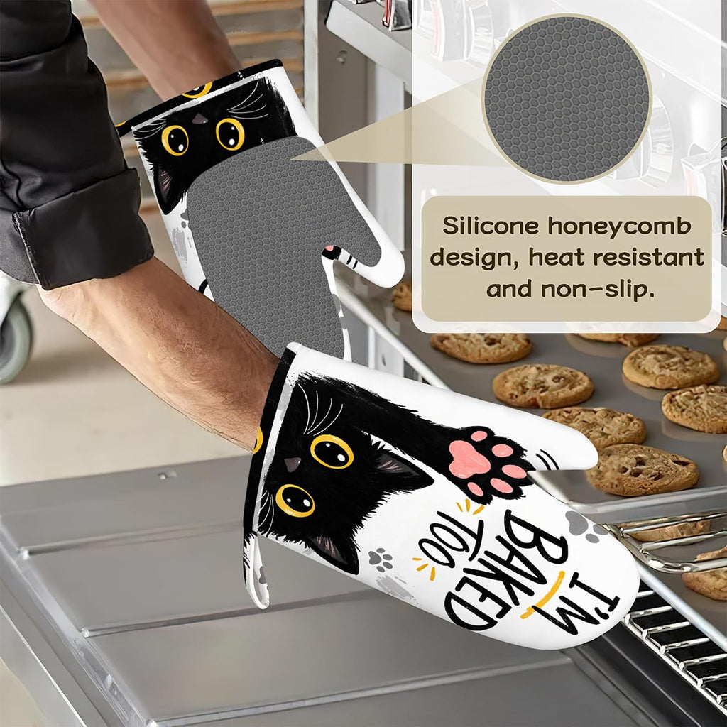 Funny Baker Black Cat Oven Mitts and Pot Holders Sets of 4 PCS, I’M Baked Too Oven Gloves Potholder for Kitchen Cooking Baking BBQ Heat Resistant