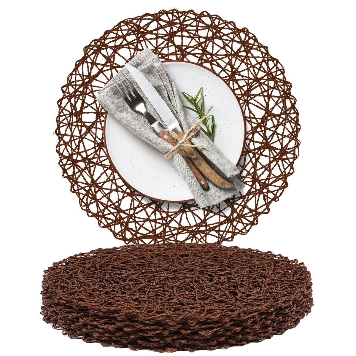 AHHFSMEI Paper Braided Round Placemats Set of 8 Natural Non-Slip Heat Resistant Table Mats for Dining Tables Woven Indoor & Outdoor Place mats(Coffee,8)