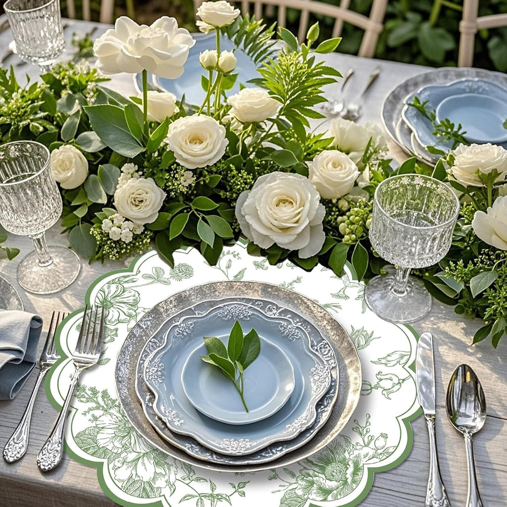 50 PCS Green Floral Paper Placemats, 13.5 Inch Paper Placemats Disposable with Butterfly and Flowers Print, for Decor Birthday Summer Wedding Wildflower Party, Banquet Table Settings