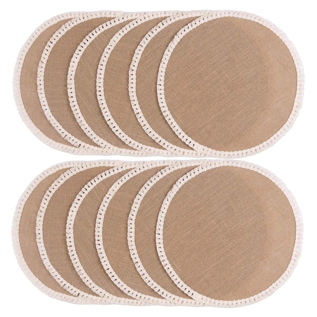 FunWheat Burlap Round Braided Placemats Set of 12 for Dining Tables 15 Inch Heat Resistant Jute Table Mats Farmhouse Woven Fabric Natural Place mats (Brown Jute Lace)