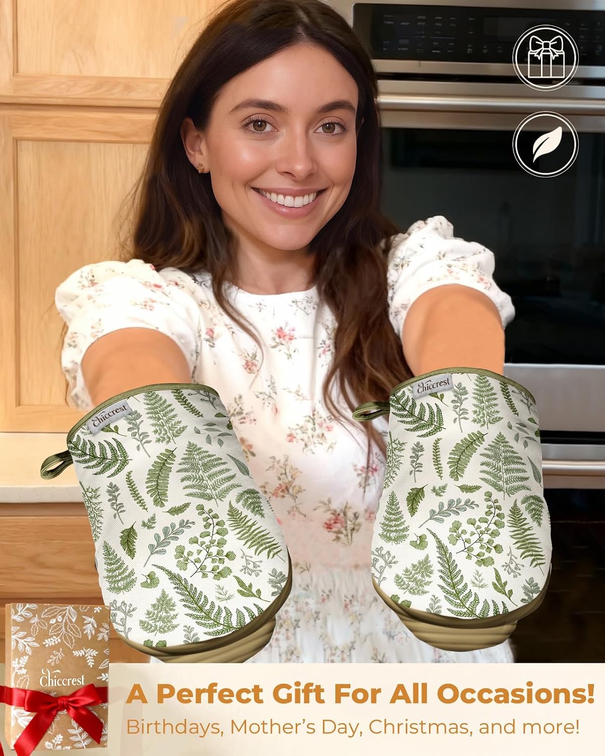 100% Thick Cotton Oven Mitts Ribbed Soft Silicone Natural Leaf