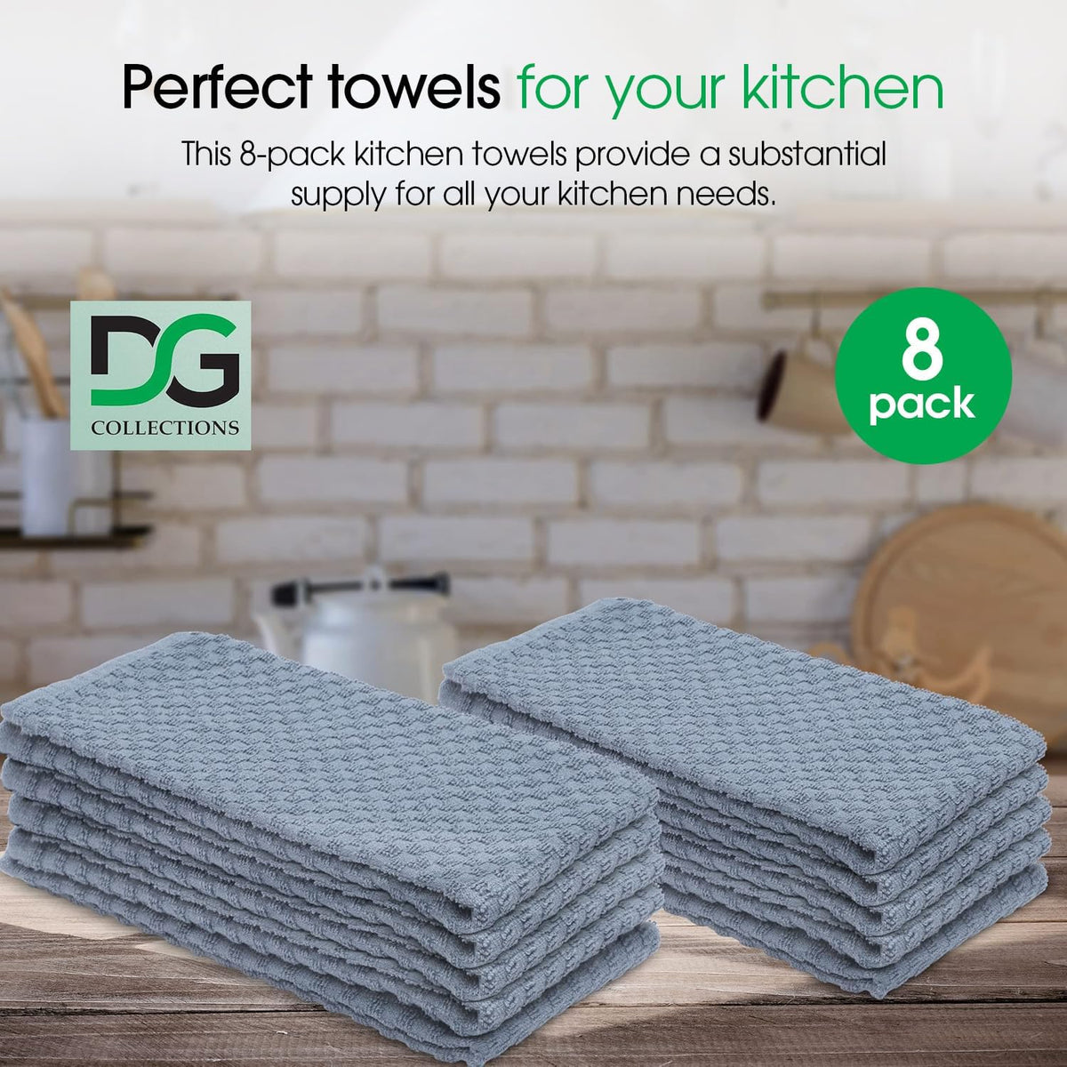 DG Collections Terry Kitchen Towels, 400 GSM 100% Cotton Dish Towels Set of 8, 15 x 25 Inch, Highly Absorbent Kitchen Towels for Drying Dishes and Cleaning - Smoke Grey