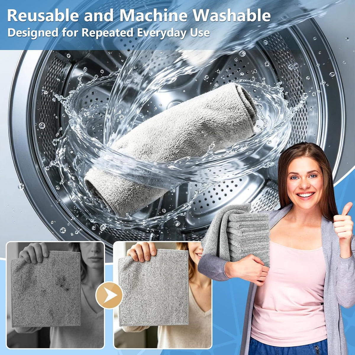Kitchen Dish Cloths, 12 Pack, 10 x 10 Inches, Super Absorbent Microfiber Dish Towels, Soft Lint Free Reusable Dish Rags for Washing Dishes, Drying, Counters and Sink, Grey
