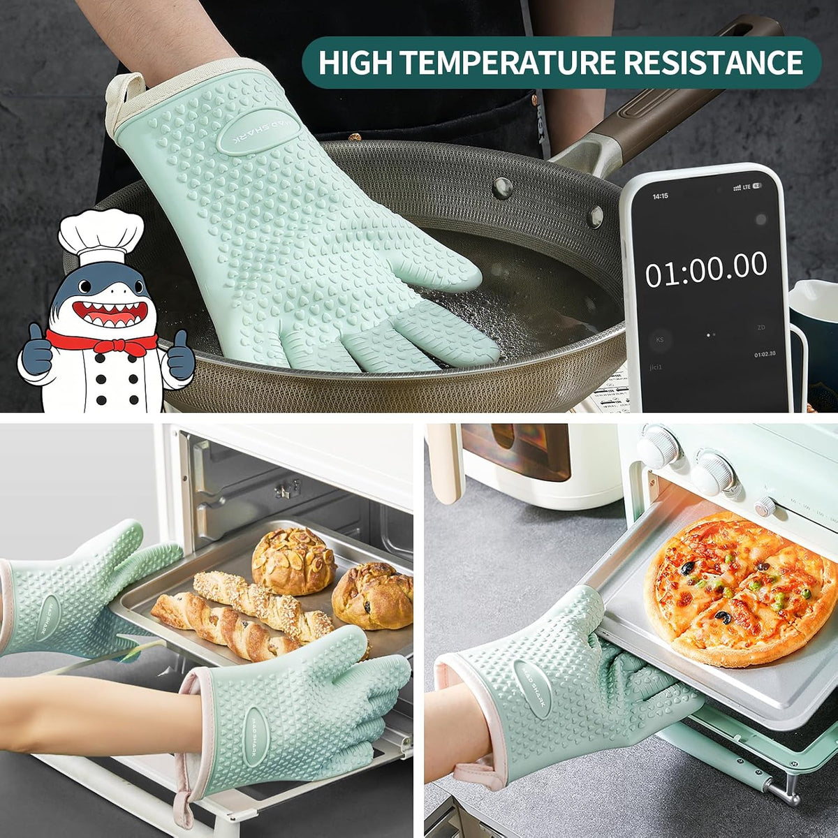 MAD SHARK Silicone Oven Mitts with Fingers Heat Resistant 450°F in Kitchen