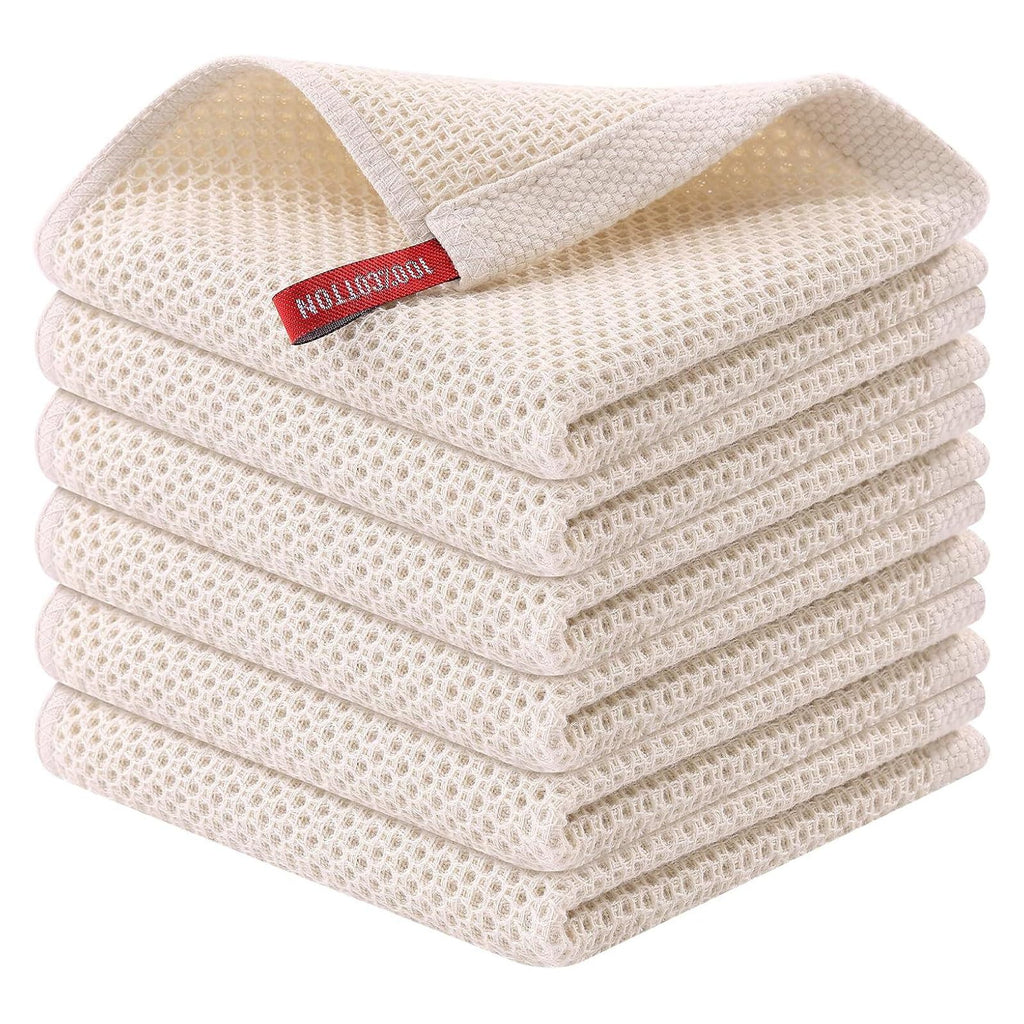QUILTINA Dish Towels Set, 100% Cotton Waffle Weave Kitchen Towels 6 Pack, 17 x 25 Inches, Super Absorbent for Drying and Cleaning, Beige, Brown, Dark Grey