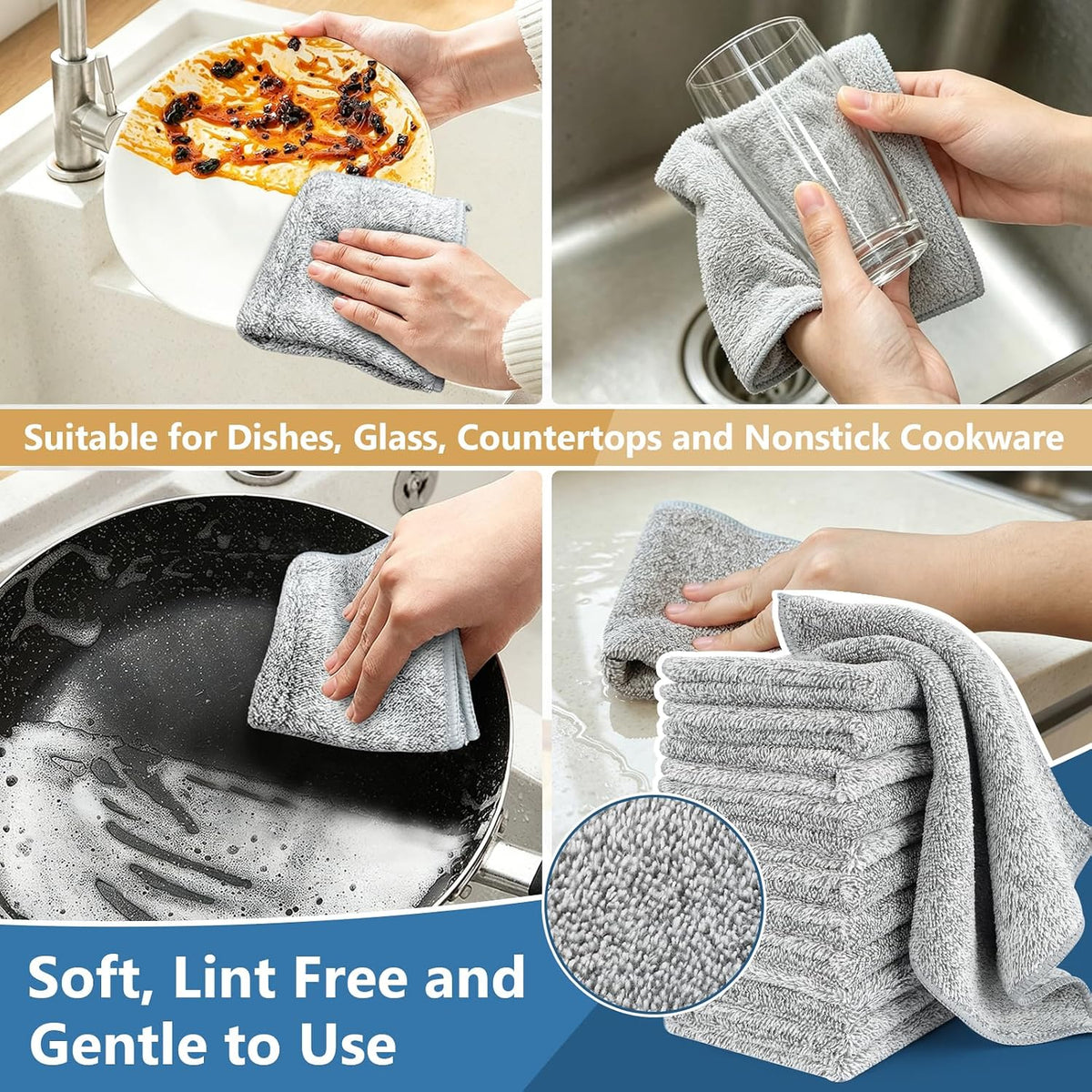 Kitchen Dish Cloths, 12 Pack, 10 x 10 Inches, Super Absorbent Microfiber Dish Towels, Soft Lint Free Reusable Dish Rags for Washing Dishes, Drying, Counters and Sink, Grey