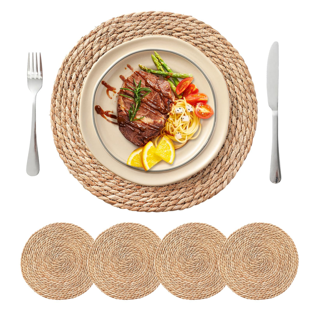 13.8'' Round Woven Placemats Set of 12, Boho Wicker Chargers, Terrekraft