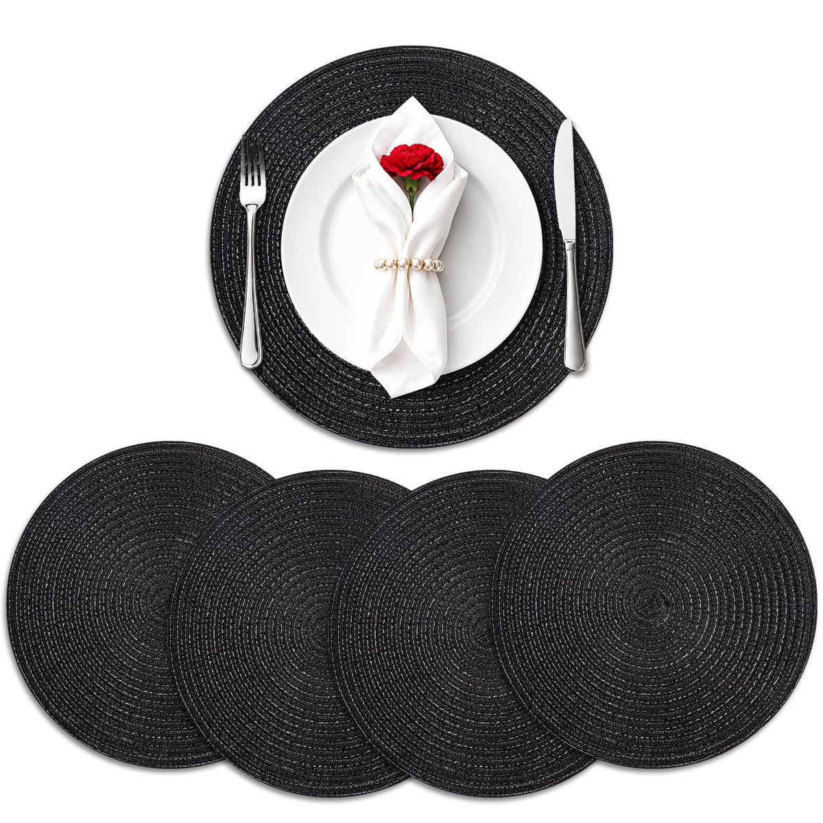 TaroKitc Round Placemats Set of 4, 15 inch, Beige, Cotton Polyester