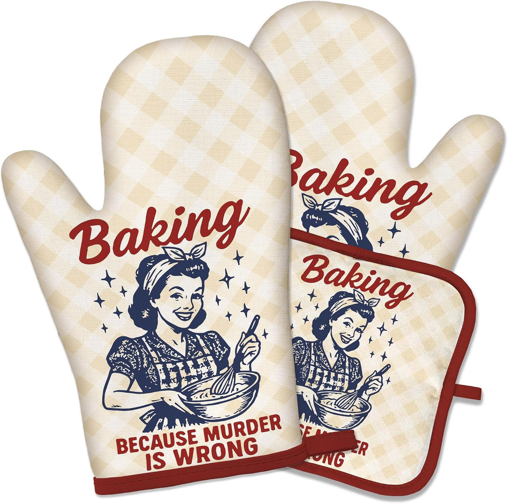Funny Oven Mitts and Pot Holders Set, Baking Because Murder Cooking Mitts
