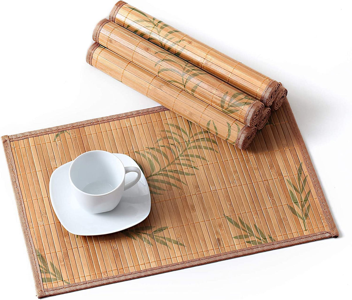 LOVECASA Placemats Set of 6, Bamboo Table Mats Set with Leaf Pattern, 18'' × 12'' Woven Placemat, Washable Heat-Resistant Place Mats for Kitchen, Black Leaf