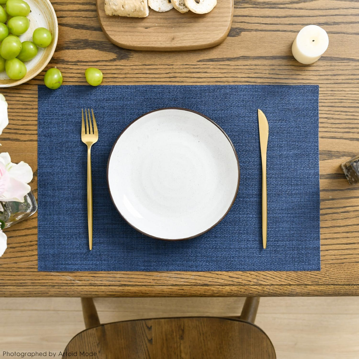 Artoid Mode Navy Blue Vinyl Placemats Set of 4, Washable Heat Resistant Non-Slip Woven Plastic PVC Place Mats for Farmhouse Holiday Party Kitchen Dining Decor