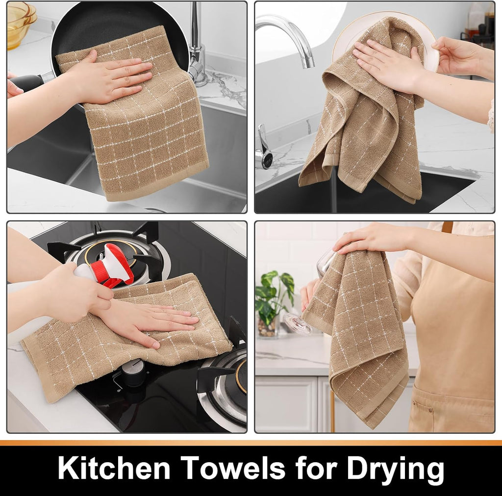 Mordimy Cotton Terry Checkered Kitchen Towels, 16"x 26", 4 Pack, Tan