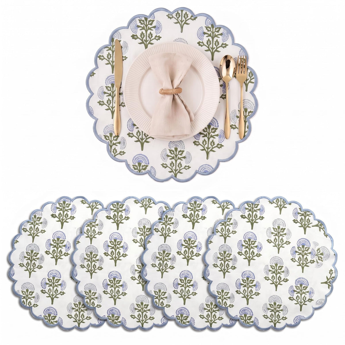 Ridhi Floral Block Print Round Placemats 15" in, Set of 4, Powder Blue