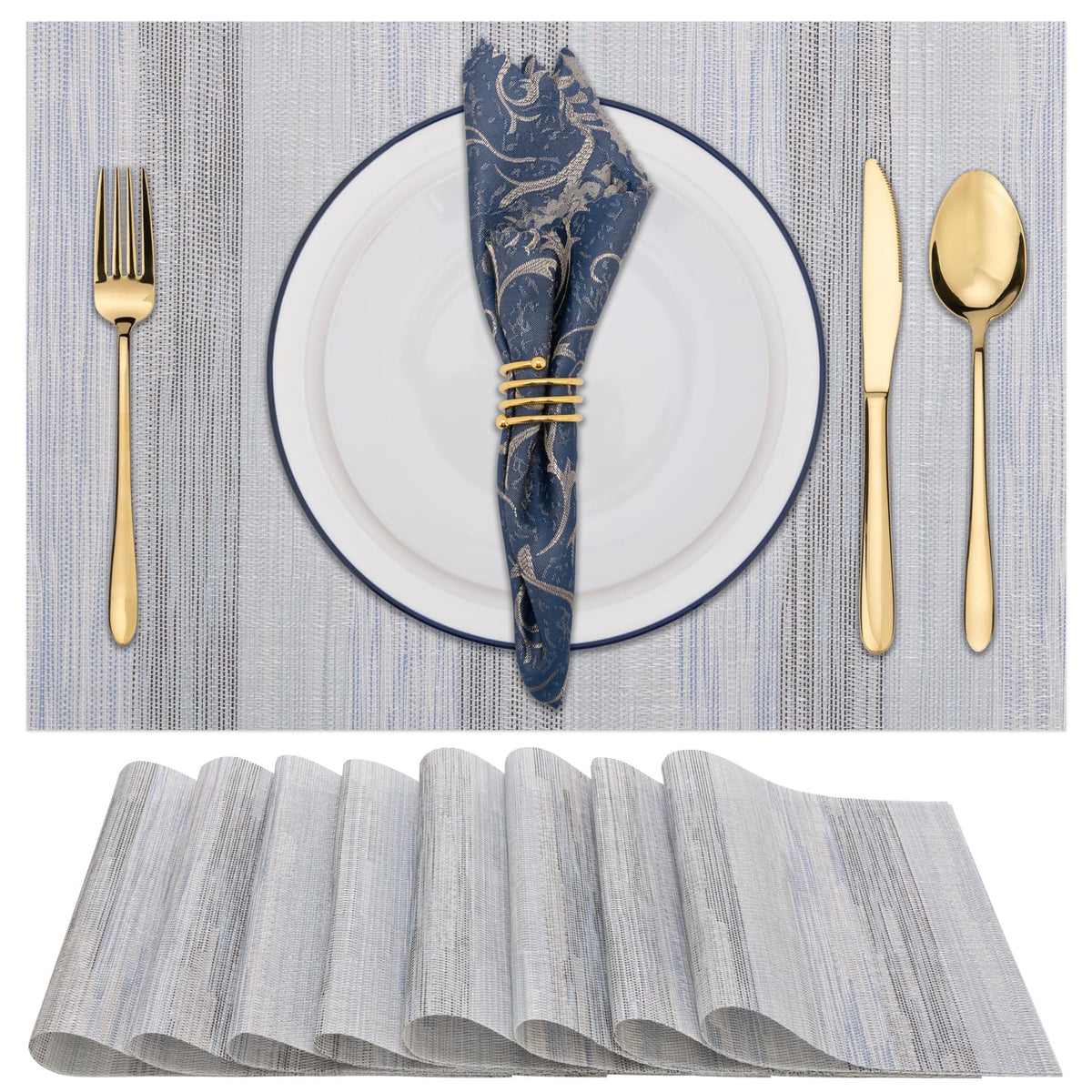 Winknowl Placemats Set of 8, Heat Resistant Non-Slip Vinyl Woven Table Mats for Dining Table, Washable Durable Elegant Place Mats for Kitchen Indoor/Outdoor Use (Beige Blue)