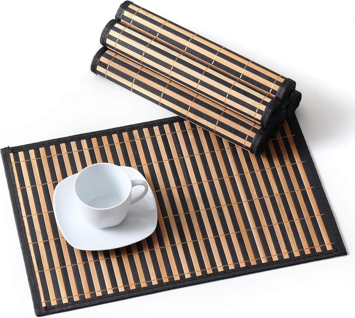 LOVECASA Placemats Set of 6, Bamboo Table Mats Set with Leaf Pattern, 18'' × 12'' Woven Placemat, Washable Heat-Resistant Place Mats for Kitchen, Black Leaf