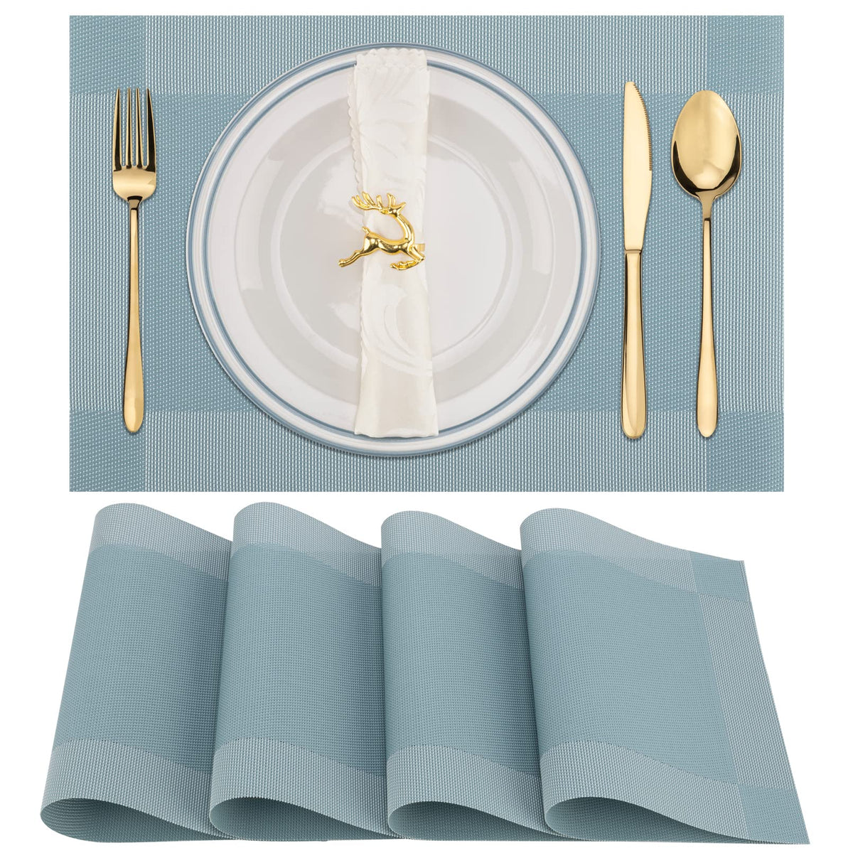 Winknowl Placemats Set of 8, Heat Resistant Non-Slip Vinyl Woven Table Mats for Dining Table, Washable Durable Elegant Place Mats for Kitchen Indoor/Outdoor Use (Beige Blue)