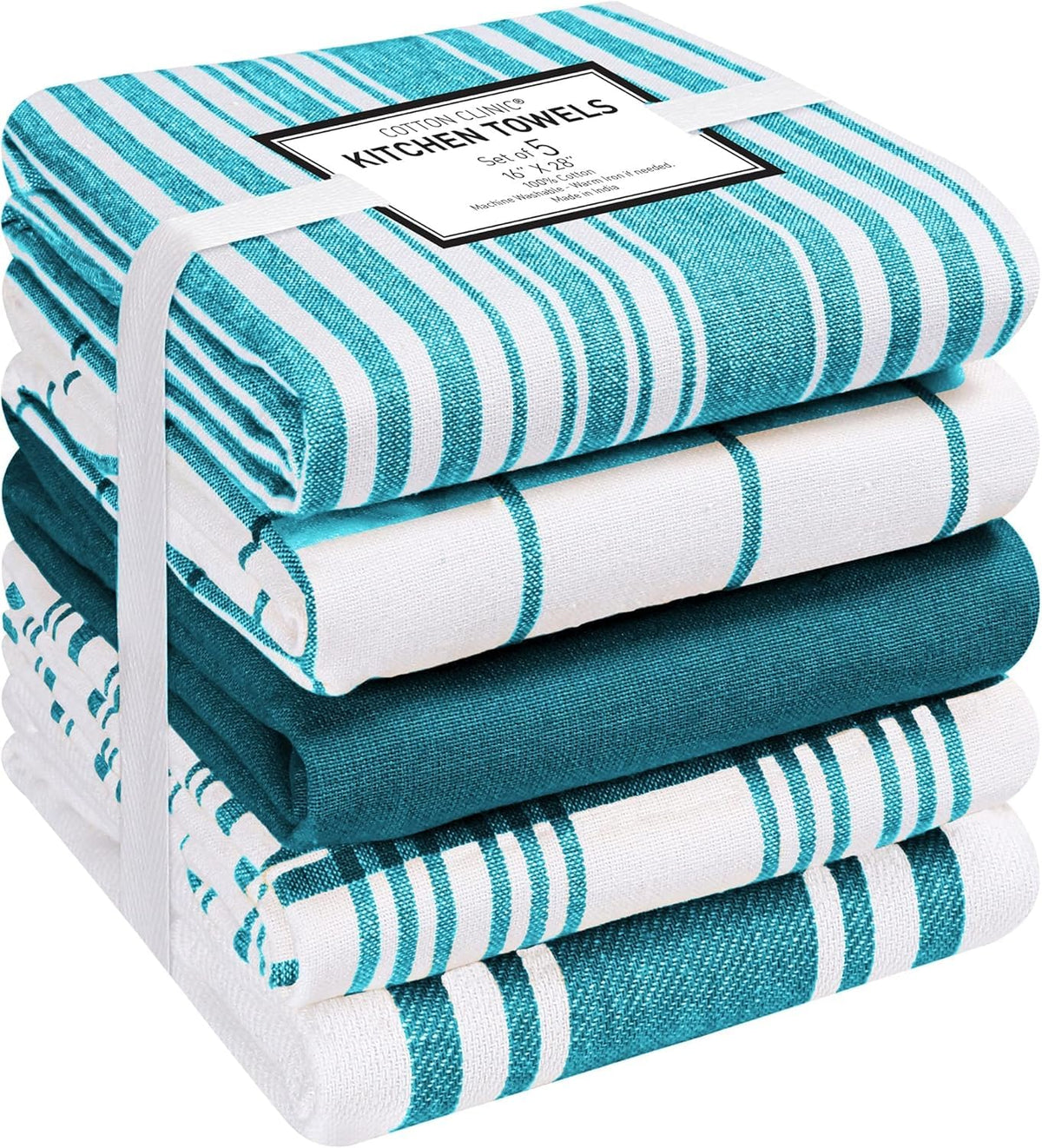 Cotton Clinic Assorted Kitchen Towels 5 Pack – Soft Absorbent Quick Drying Table & Kitchen Linen - Dish Towels, Dish Cloths, Tea Towels and Cleaning Towels with Hanging Loop – 16x28 / Grey White