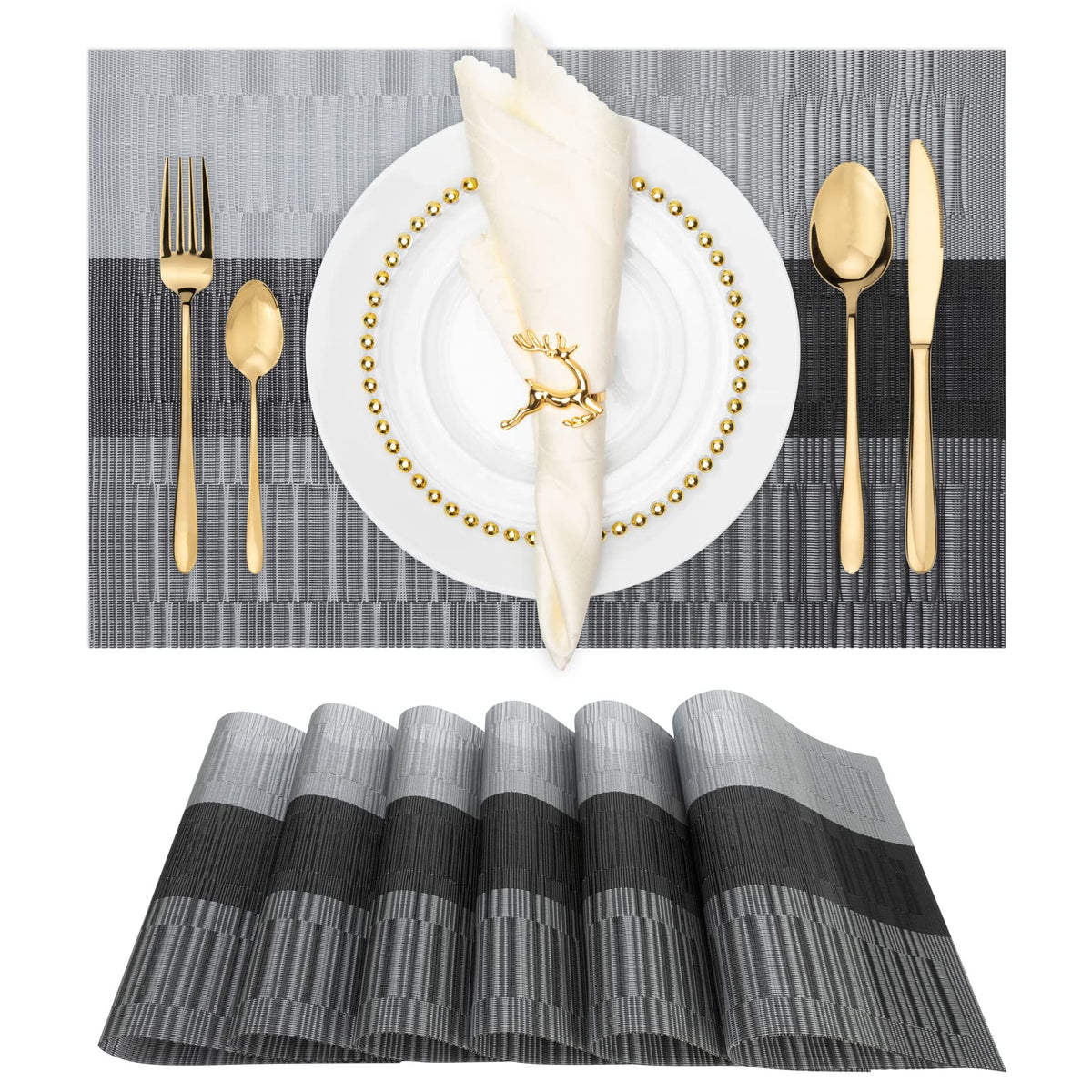 Winknowl Placemats Set of 8, Heat Resistant Non-Slip Vinyl Woven Table Mats for Dining Table, Washable Durable Elegant Place Mats for Kitchen Indoor/Outdoor Use (Beige Blue)