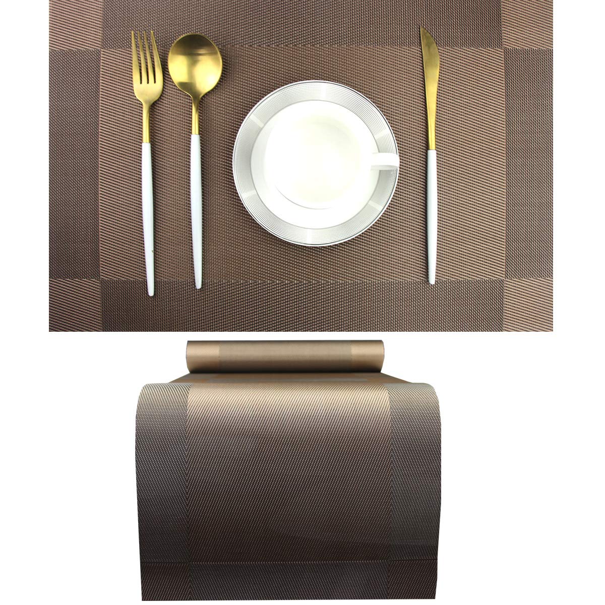 PIGCHCY Place Mats Heat-Resistant Non Slip Placemats Easy Wipe Clean Table Mats Woven Vinyl Placemats for Dining Table(Set of 6, Brown)