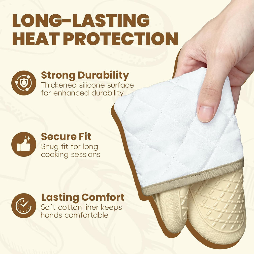 Silicone Oven Mitts,Heat Resistant, Oven Gloves with Soft Lining,Universal Fit Heat Resistant Kitchen Gloves for Baking, BBQ, Cooking and Grilling (Khaki)