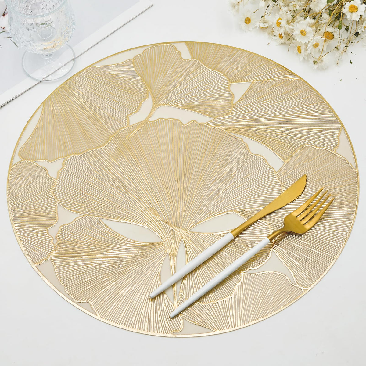 Gold Placemats Set of 6, Creative 3D Flower Placemats Waterproof Oil-Proof