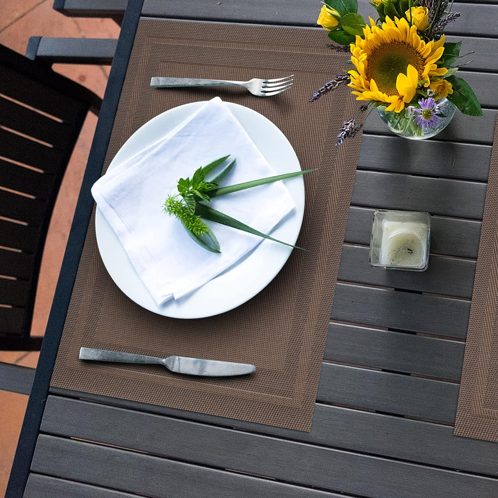 Winknowl Placemats Set of 4，Heat Resistant Woven Vinyl Washable PVC Place Mats，Non-Slip Stain Resistant Indoor/Outdoor Table Mats for Dining Table (Brown)