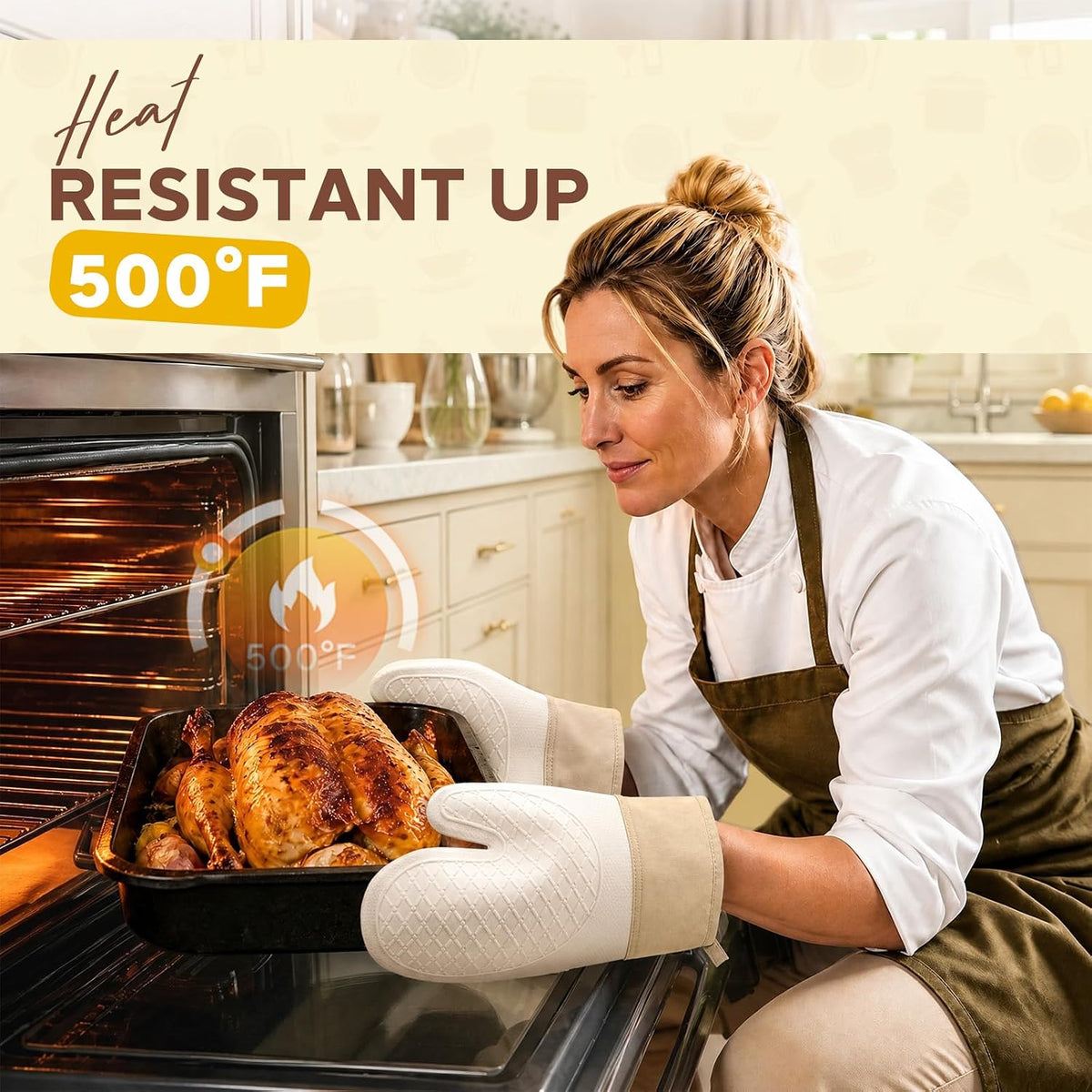 Silicone Oven Mitts 2 PCS, Heat Resistant Non-Slip Cotton Lining for Baking