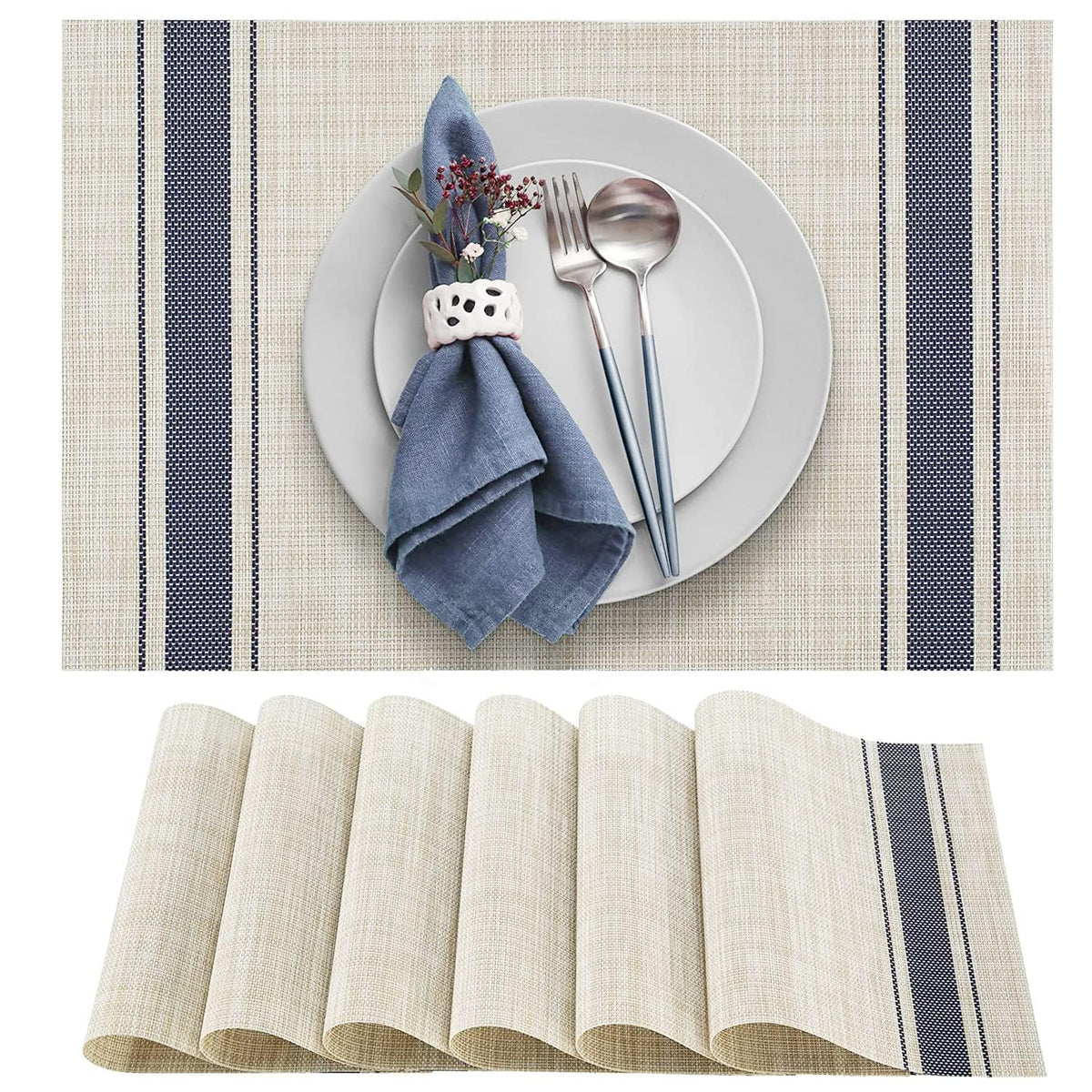 DACHUI Placemats Set of 6, Linen Look Woven Place Mats (Beige)
