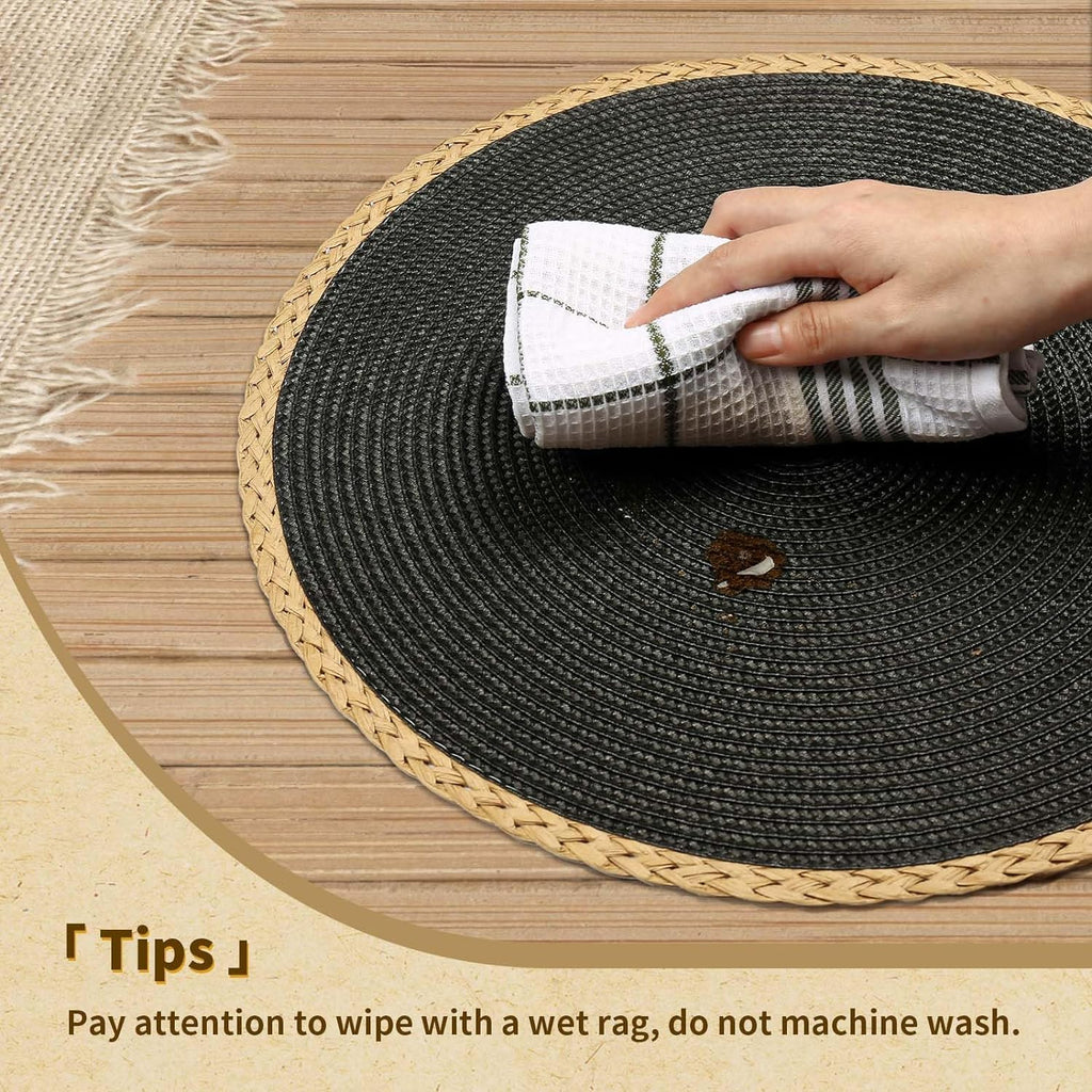 Round Placemats Set of 4, Woven Table Mats, Thin Edge, Black