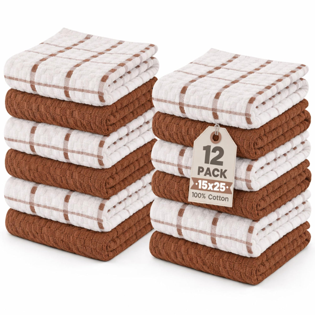 GOLD TEXTILES Kitchen Towels 12 Pack, Waffle Weave Cotton, 15x25in (Brown)