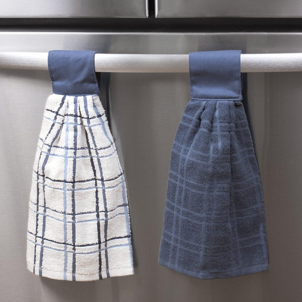 Ritz Premium 100% Cotton Solid and Multi Check Kitchen Tie Towel Absorbent, Super Soft, and Fast Drying Hang Towel, Set of Three, Federal Blue